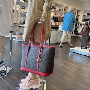 Michael Kors Jet Set Travel Large Shoulder Top Zip Tote HandBag In Brown Red